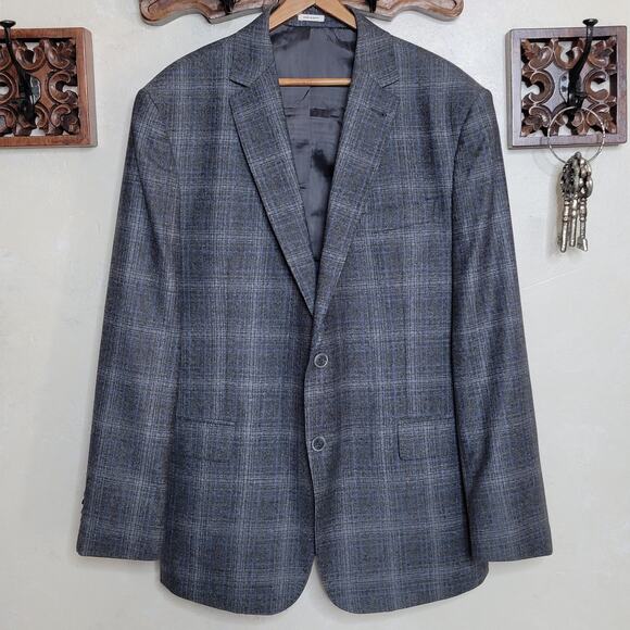 Joseph Abboud Heritage Marzotto Super 110s 100% Wool Gray Blue Plaid Blazer✨️44R - Picture 2 of 15